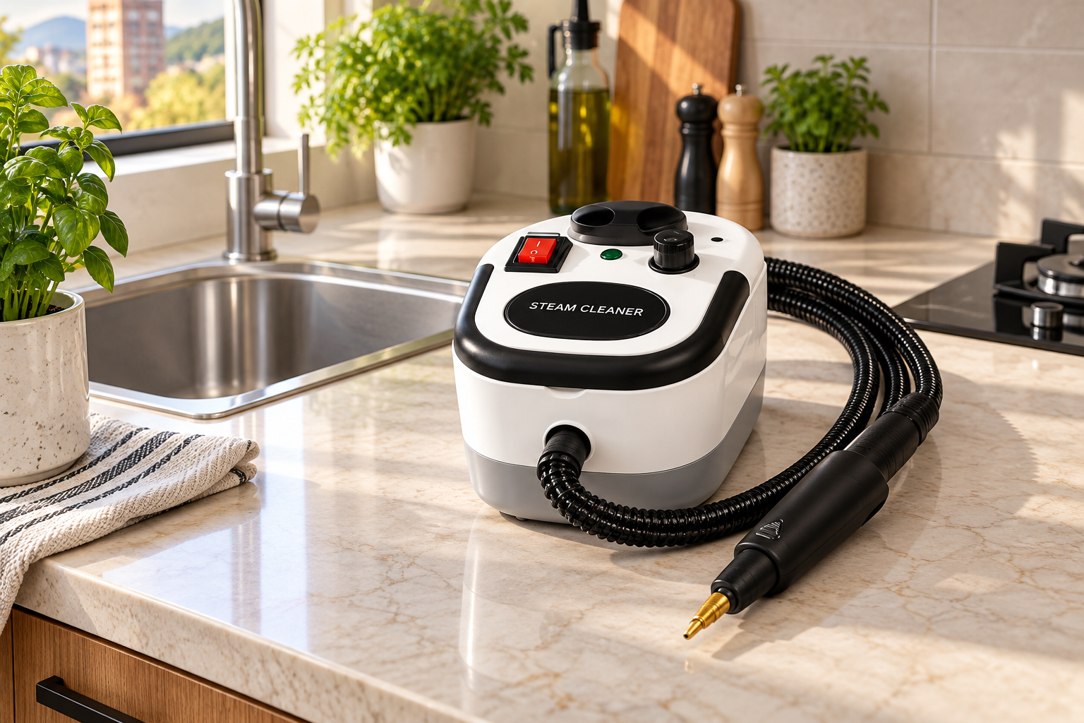 Limpiadora a vapor multifuncional en una cocina