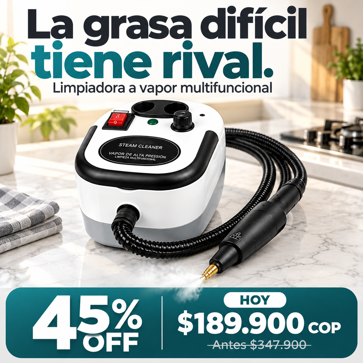 Limpiadora a vapor multifuncional blanca y negra con oferta de $189.900 COP y 45% de descuento