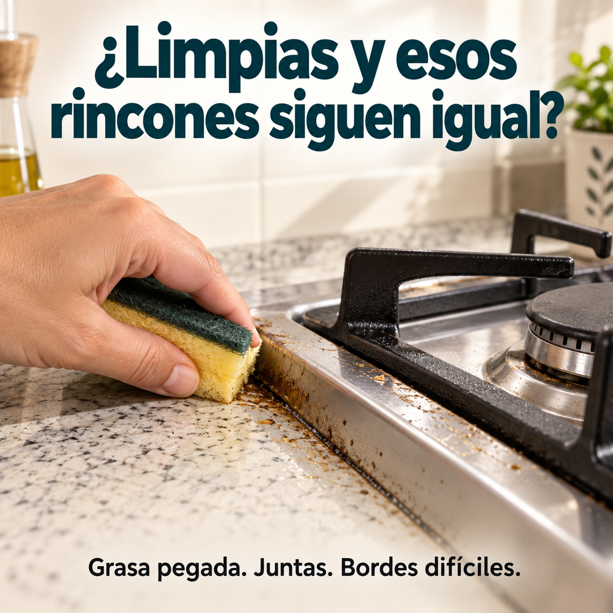 Mano con esponja junto a grasa acumulada en una esquina de la estufa