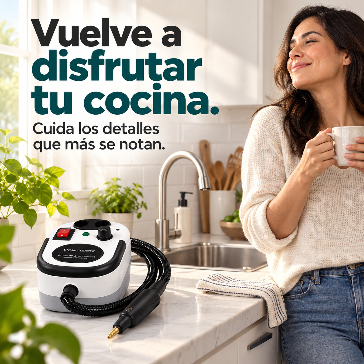 Cocina cuidada con limpiadora a vapor y una mujer disfrutando de su espacio