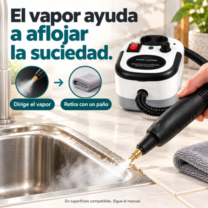 Boquilla de vapor trabajando en el borde del lavaplatos y explicación de retirar con un paño