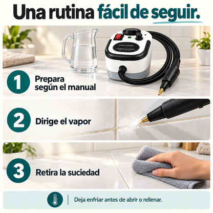 Tres pasos de uso: preparar según el manual, dirigir el vapor y retirar la suciedad