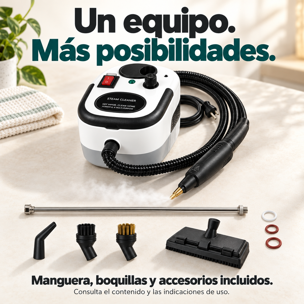 Limpiadora a vapor con manguera, boquillas, cepillos, extensión y accesorios