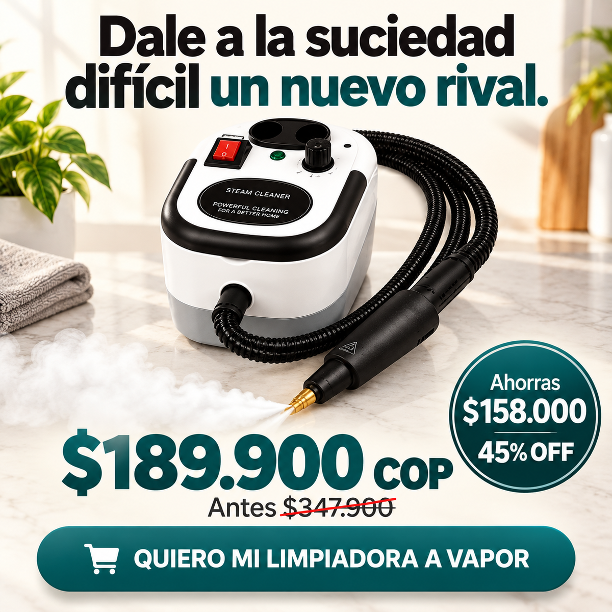 Oferta de limpiadora a vapor a $189.900 COP, antes $347.900, con ahorro de $158.000