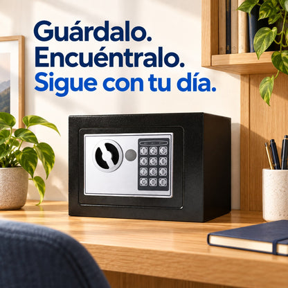 Idea de uso de caja fuerte digital compacta con llave de respaldo en el hogar: Guárdalo. Encuéntralo. Sigue con tu día.