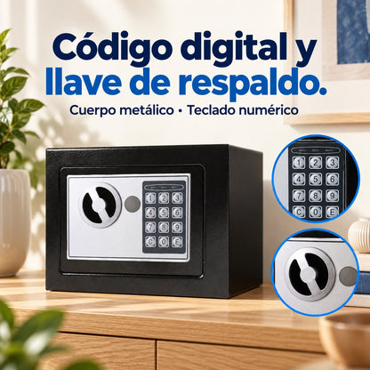 Características de caja fuerte digital compacta con llave de respaldo: Cuerpo metálico · Teclado numérico
