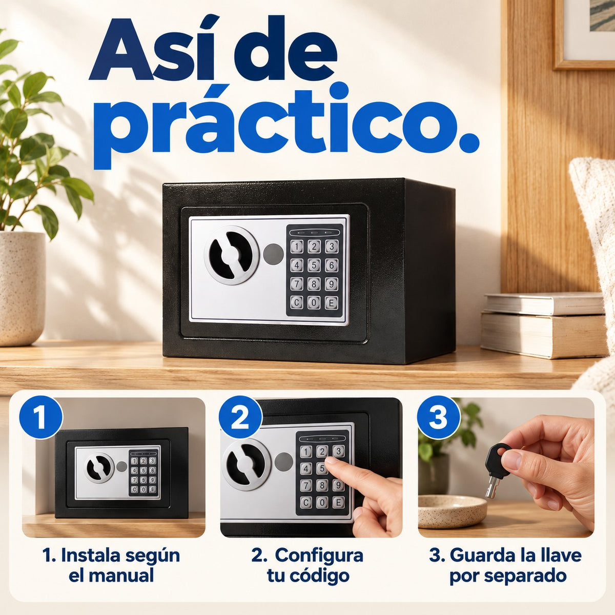 Tres pasos de uso: Instala según el manual; Configura tu código; Guarda la llave por separado