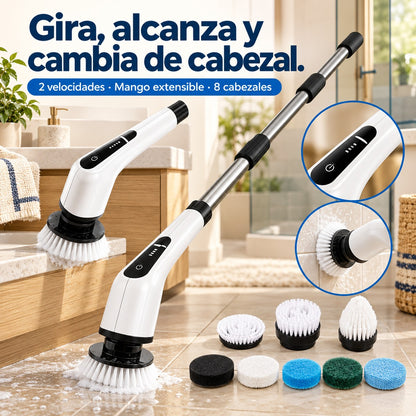 Características de cepillo eléctrico de limpieza 9 en 1 extensible: 2 velocidades · Mango extensible · 8 cabezales