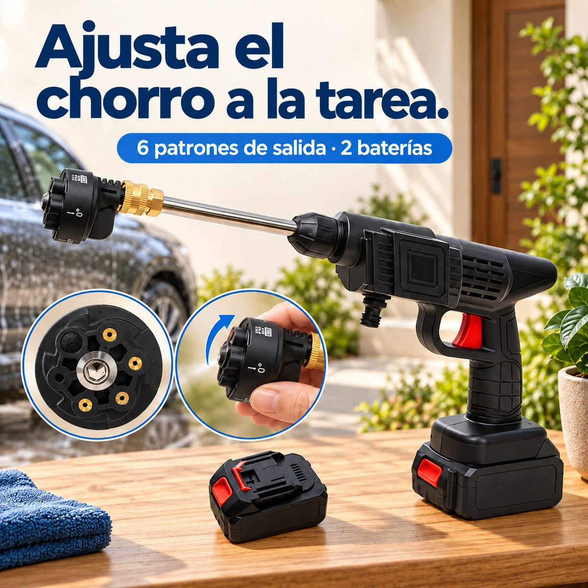 Características de hidrolavadora portátil con 2 baterías y 6 chorros: 6 patrones de salida · 2 baterías