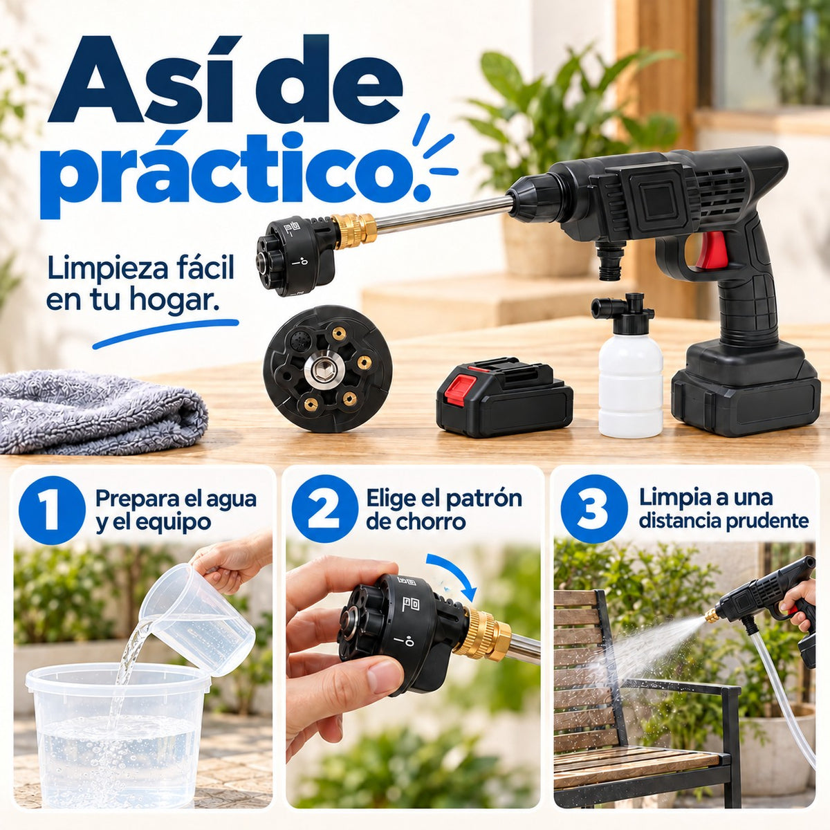 Tres pasos de uso: Prepara el agua y el equipo; Elige el patrón de chorro; Limpia a una distancia prudente