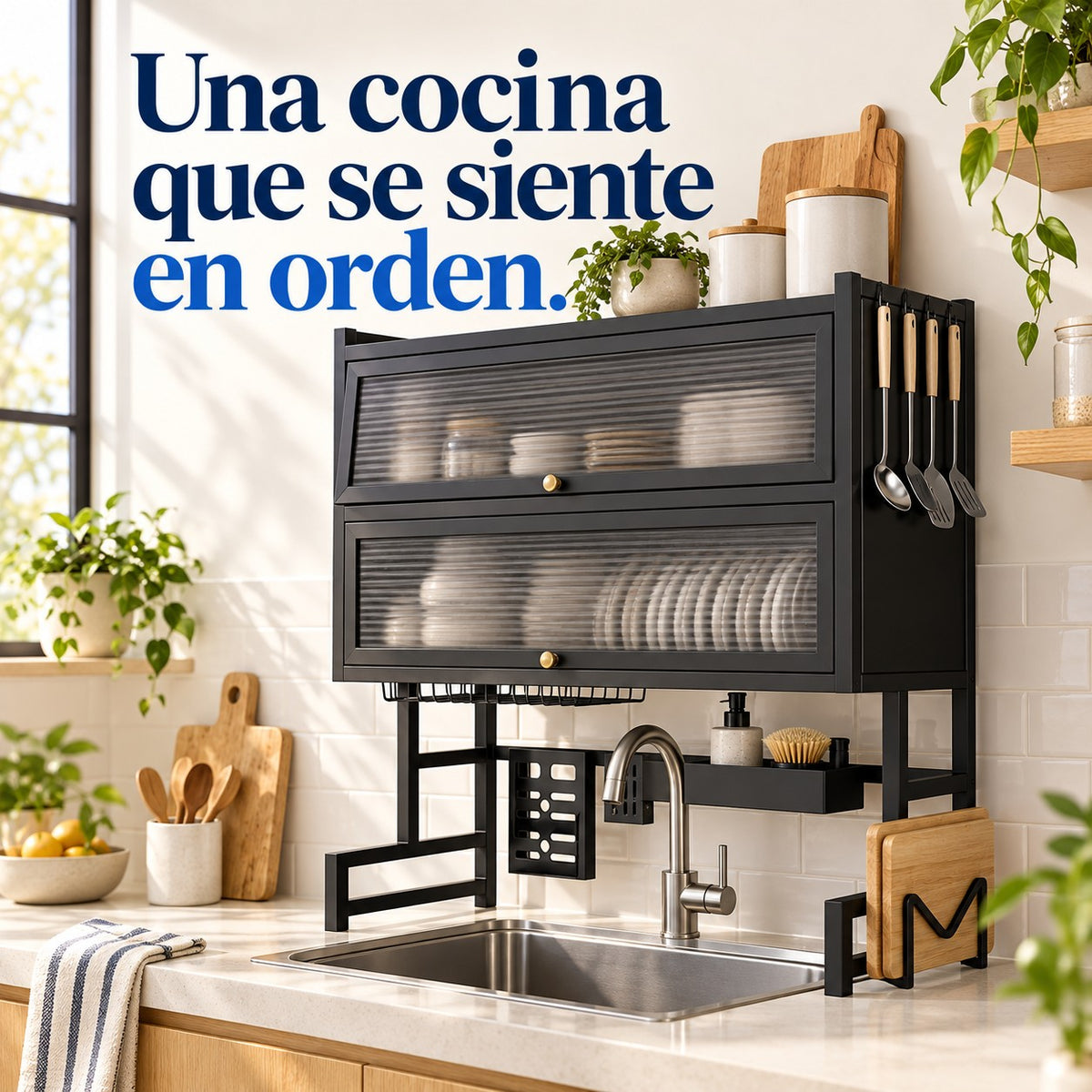 Idea de uso de escurridor con doble gabinete para cocina en el hogar: Una cocina que se siente en orden.