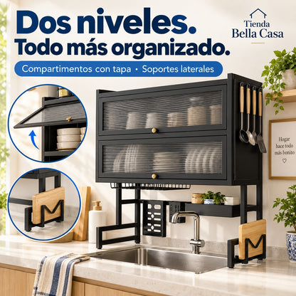 Características de escurridor con doble gabinete para cocina: Compartimentos con tapa · Soportes laterales