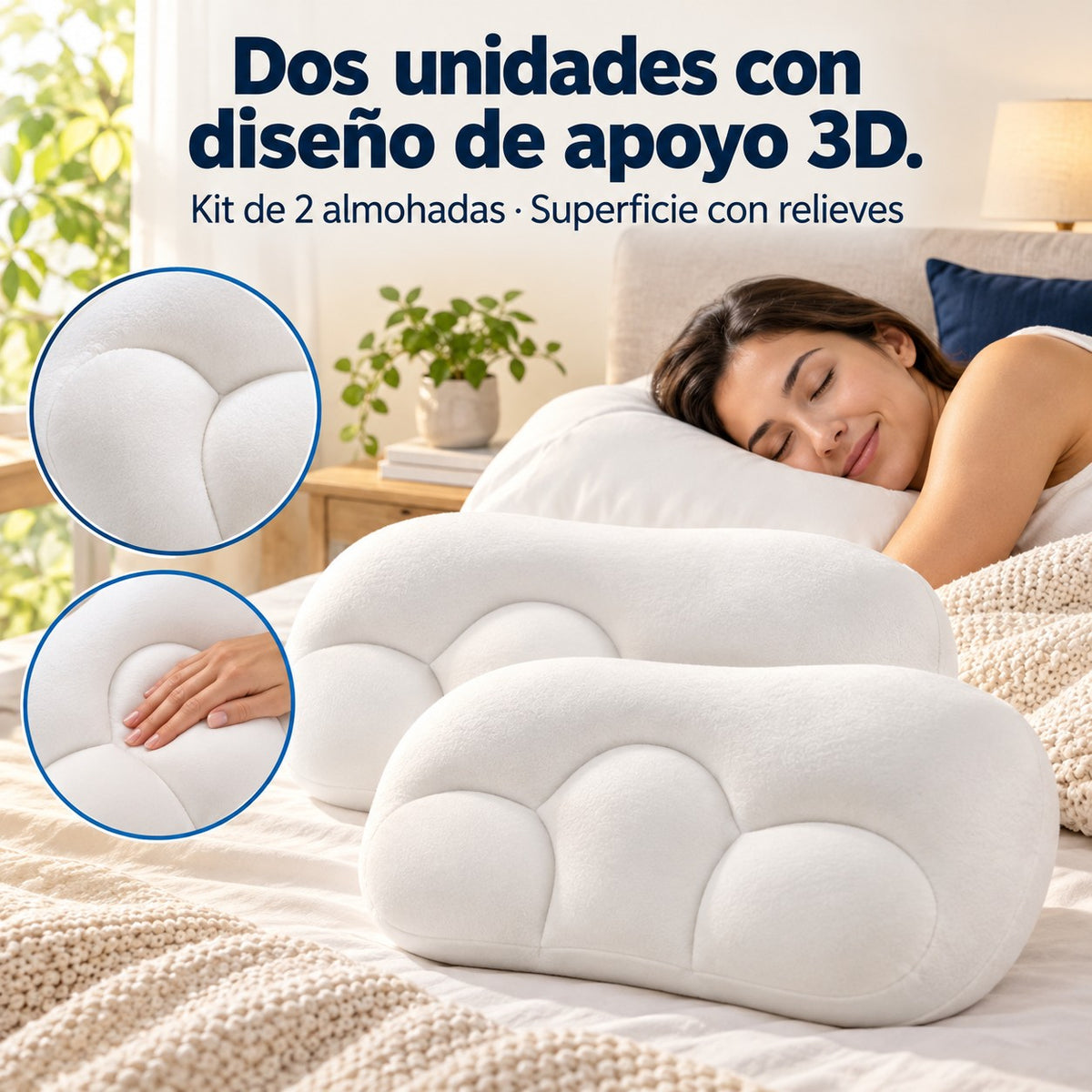 Características de kit de 2 almohadas de apoyo 3d: Kit de 2 almohadas · Superficie con relieves