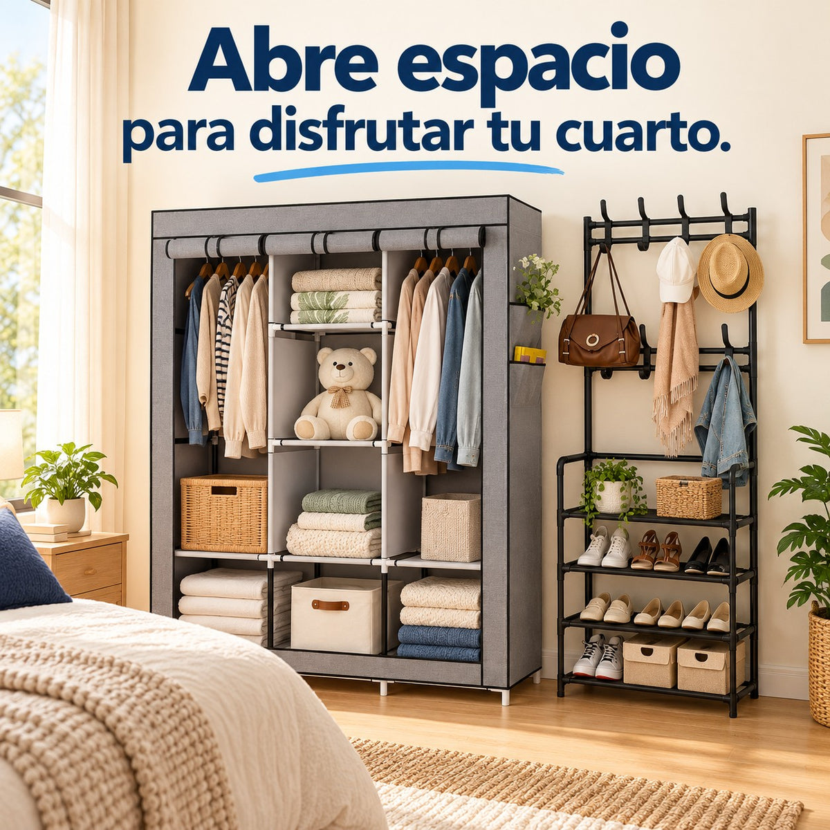 Idea de uso de combo armario de tela + perchero organizador en el hogar: Abre espacio para disfrutar tu cuarto.
