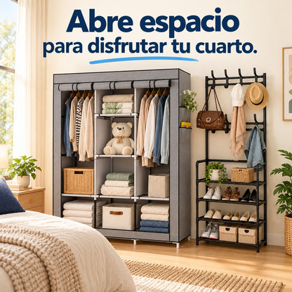 Idea de uso de combo armario de tela + perchero organizador en el hogar: Abre espacio para disfrutar tu cuarto.
