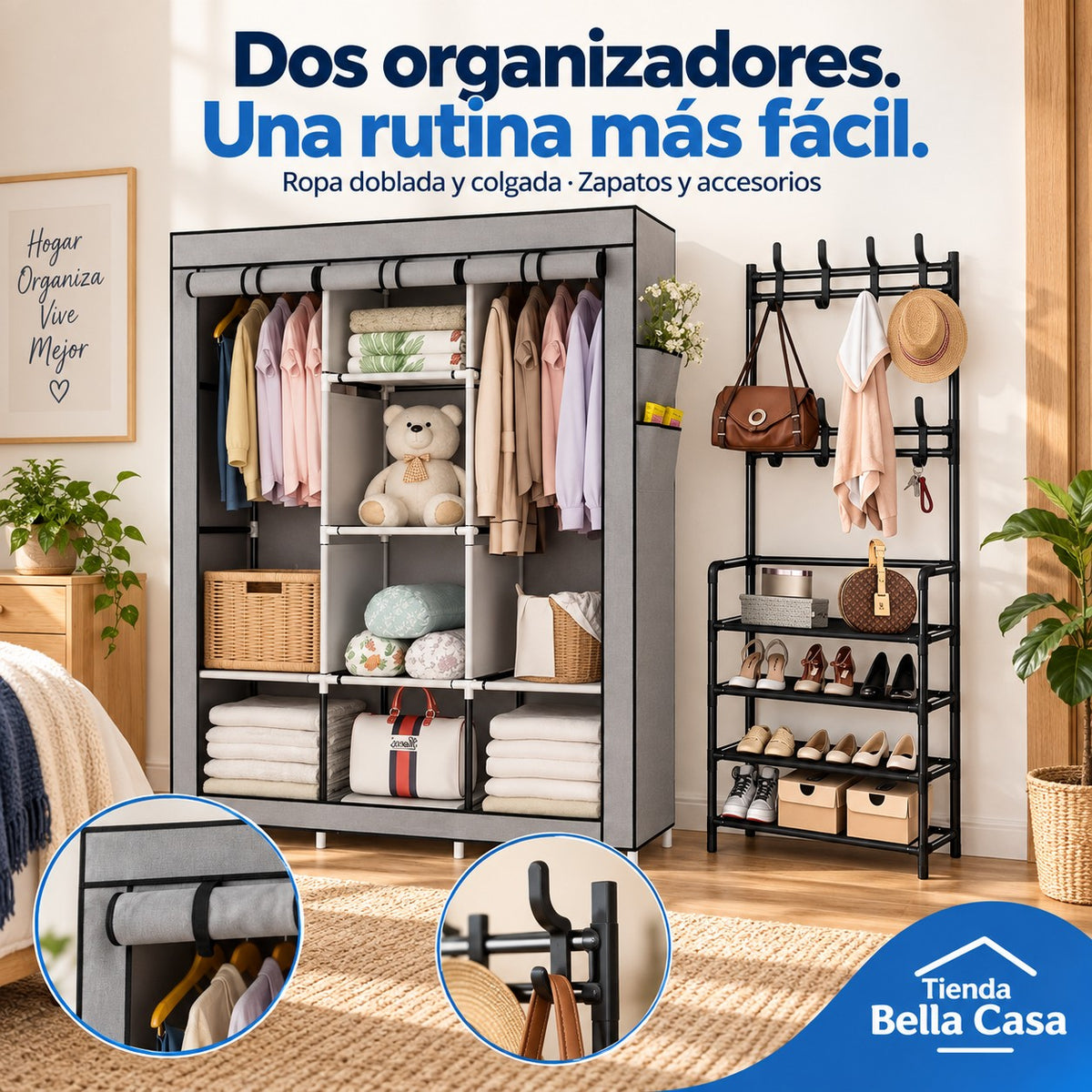 Características de combo armario de tela + perchero organizador: Ropa doblada y colgada · Zapatos y accesorios