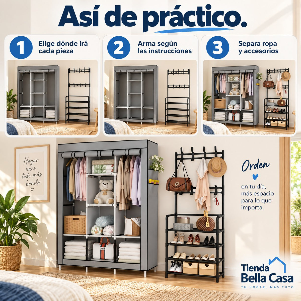 Tres pasos de uso: Elige dónde irá cada pieza; Arma según las instrucciones; Separa ropa y accesorios