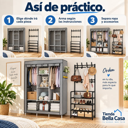 Tres pasos de uso: Elige dónde irá cada pieza; Arma según las instrucciones; Separa ropa y accesorios