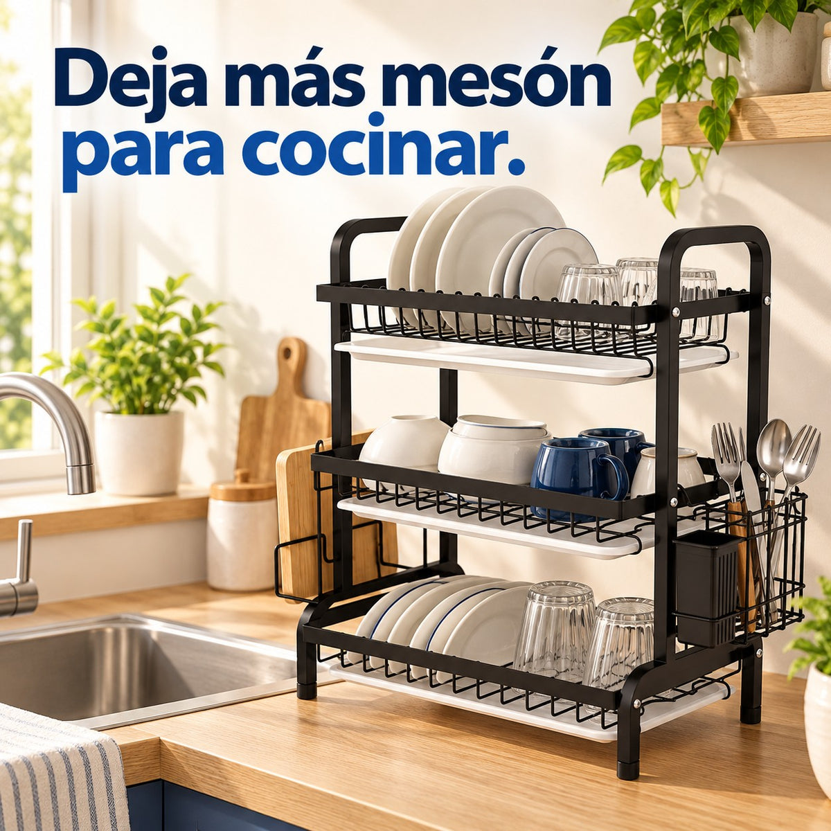 Idea de uso de escurridor de platos de 3 niveles con bandejas en el hogar: Deja más mesón para cocinar.