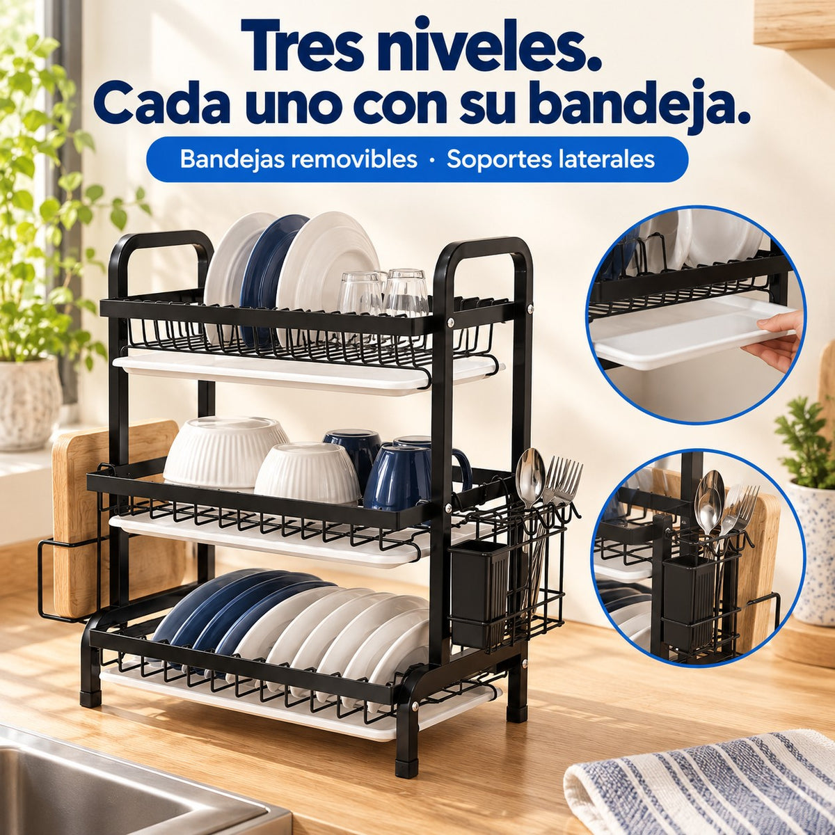 Características de escurridor de platos de 3 niveles con bandejas: Bandejas removibles · Soportes laterales