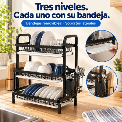 Características de escurridor de platos de 3 niveles con bandejas: Bandejas removibles · Soportes laterales