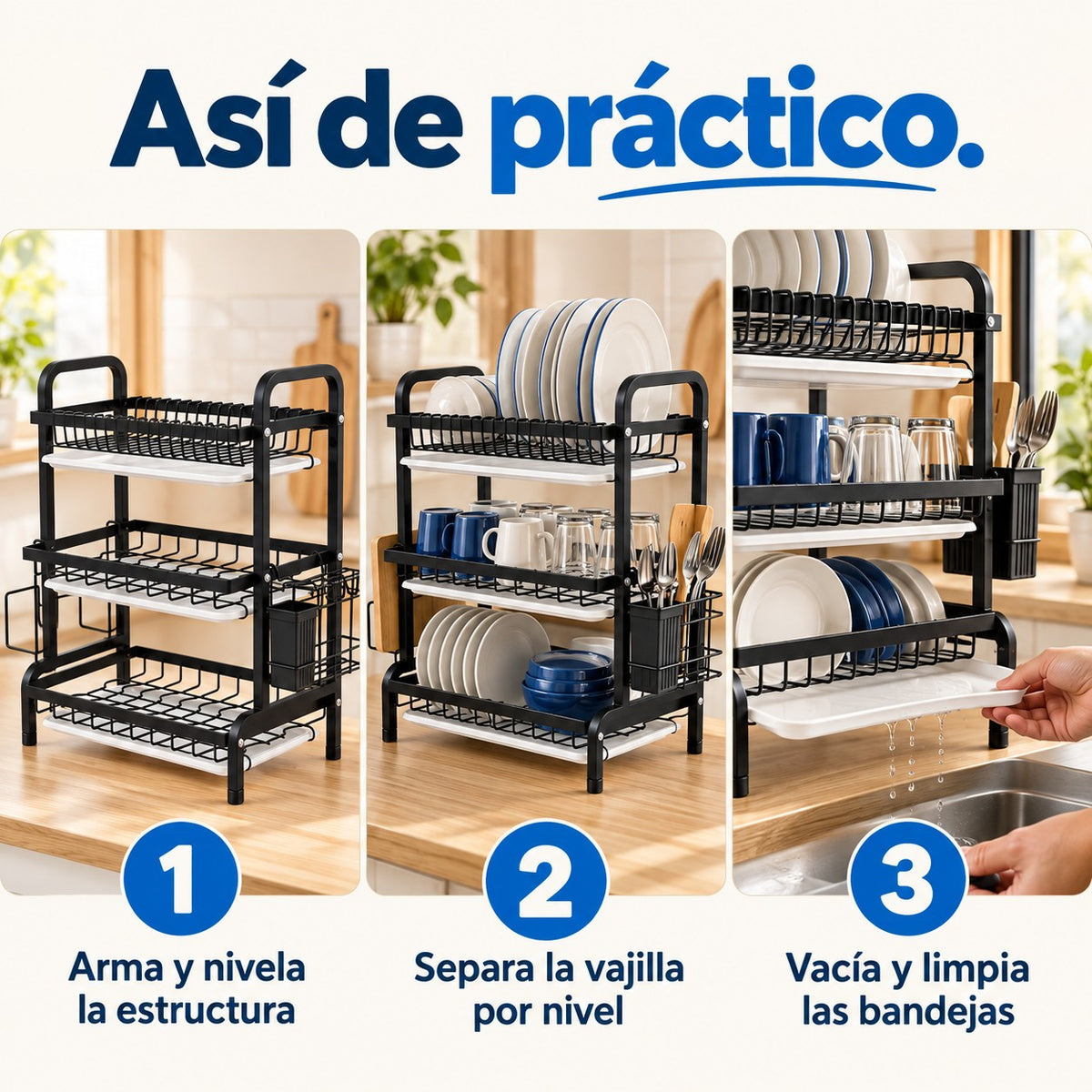 Tres pasos de uso: Arma y nivela la estructura; Separa la vajilla por nivel; Vacía y limpia las bandejas