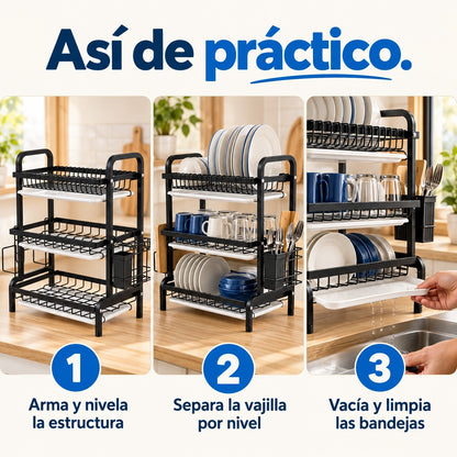 Tres pasos de uso: Arma y nivela la estructura; Separa la vajilla por nivel; Vacía y limpia las bandejas