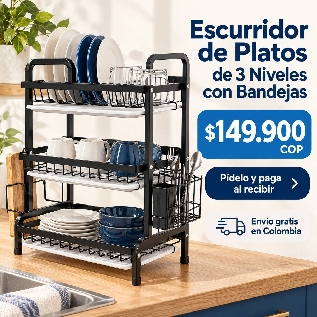 Escurridor de Platos de 3 Niveles con Bandejas por $149.900 COP, con envío gratis en Colombia y pago al recibir