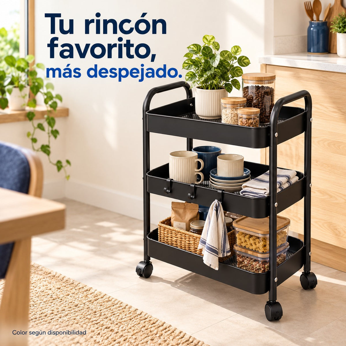 Idea de uso de carrito organizador metálico de 3 niveles en el hogar: Tu rincón favorito, más despejado.