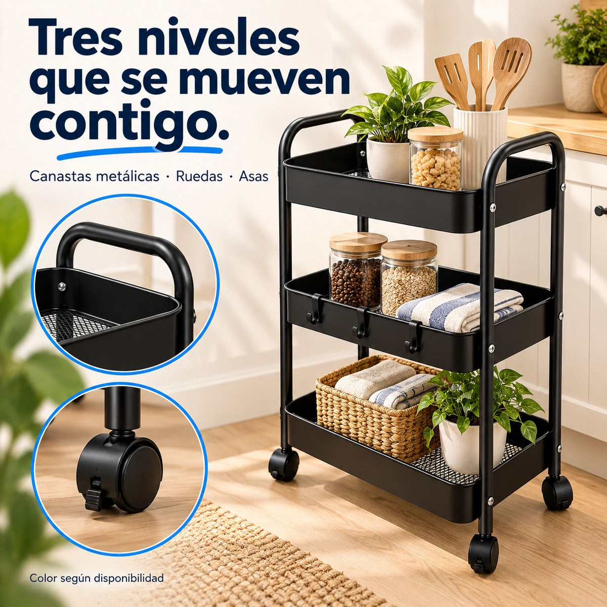 Características de carrito organizador metálico de 3 niveles: Canastas metálicas · Ruedas · Asas