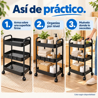 Tres pasos de uso: Arma sobre una superficie firme; Organiza por nivel; Muévelo donde lo necesites