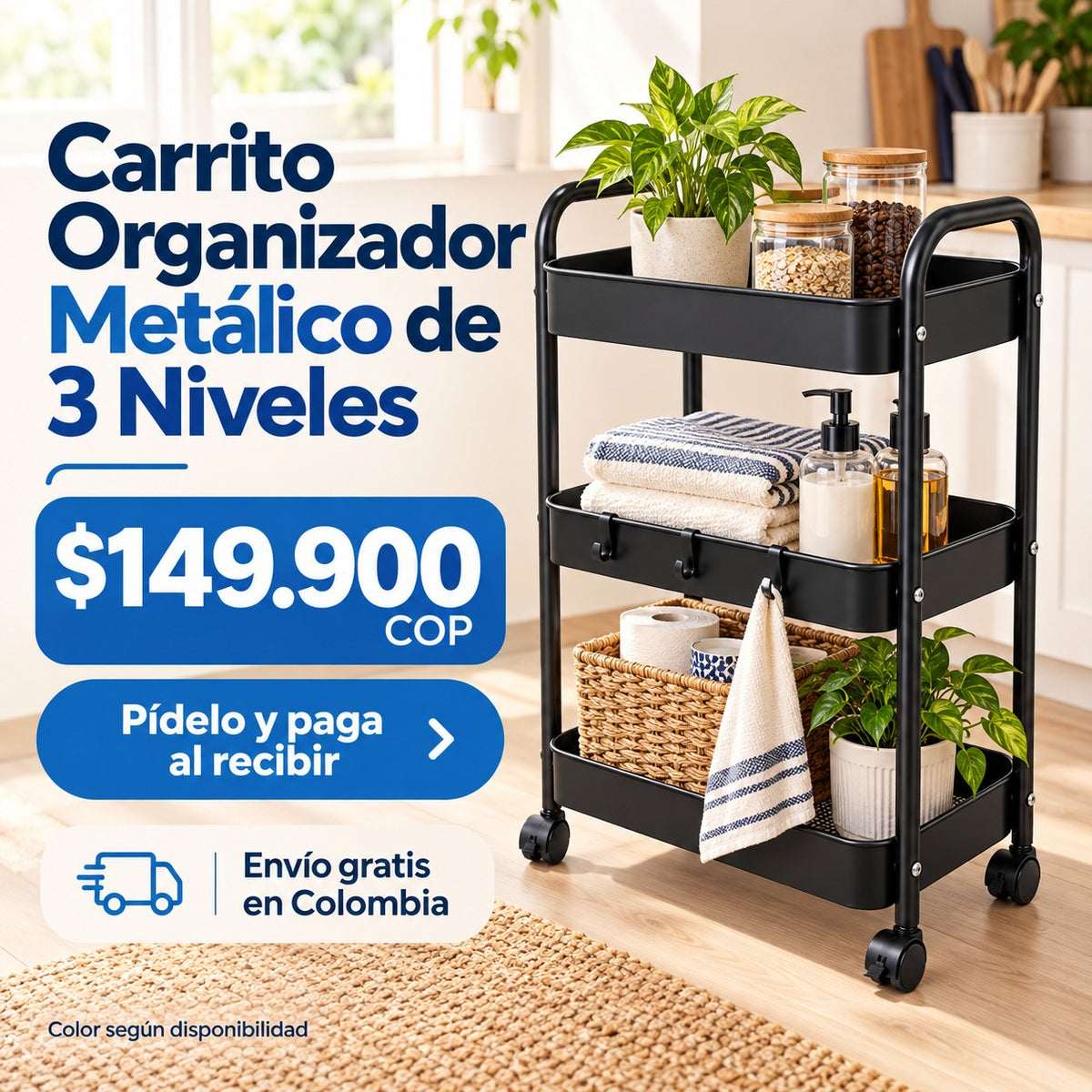Carrito Organizador Metálico de 3 Niveles por $149.900 COP, con envío gratis en Colombia y pago al recibir