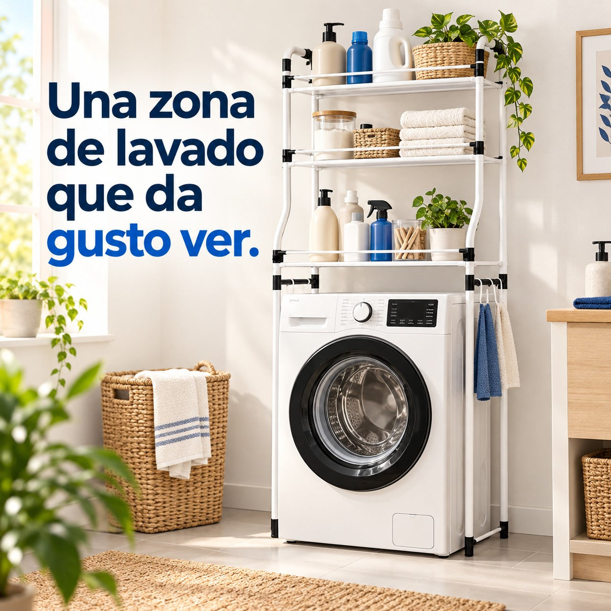 Idea de uso de estante organizador para encima de la lavadora en el hogar: Una zona de lavado que da gusto ver.