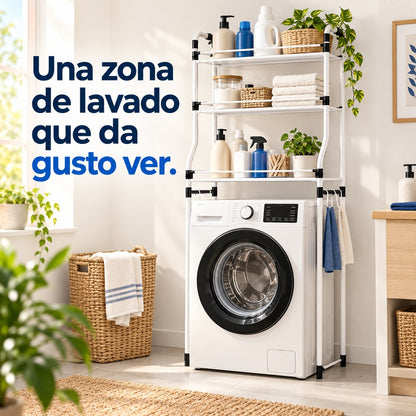 Idea de uso de estante organizador para encima de la lavadora en el hogar: Una zona de lavado que da gusto ver.