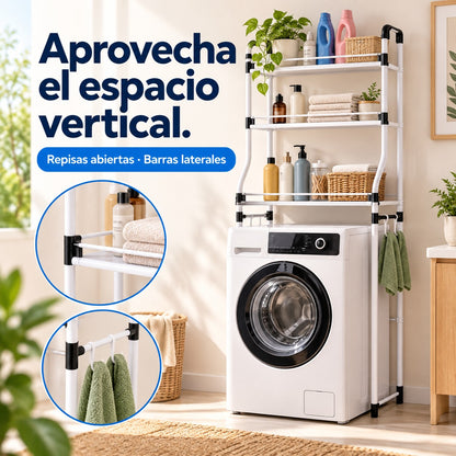 Características de estante organizador para encima de la lavadora: Repisas abiertas · Barras laterales