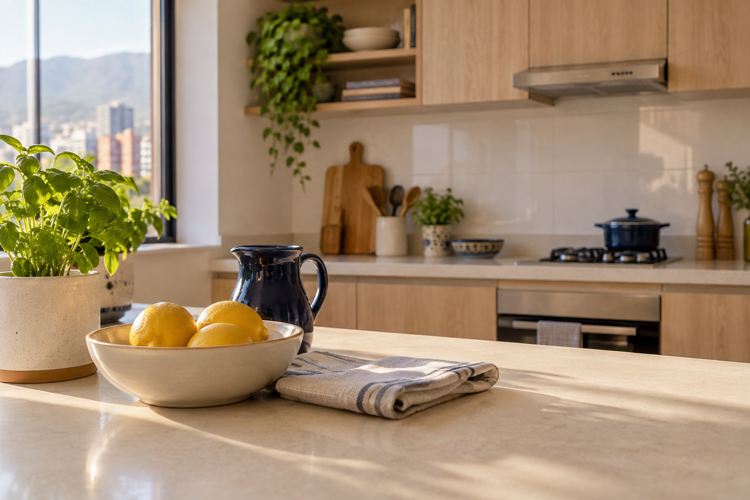 Detalles de una cocina luminosa con madera natural, cerámica azul y una planta junto a la ventana