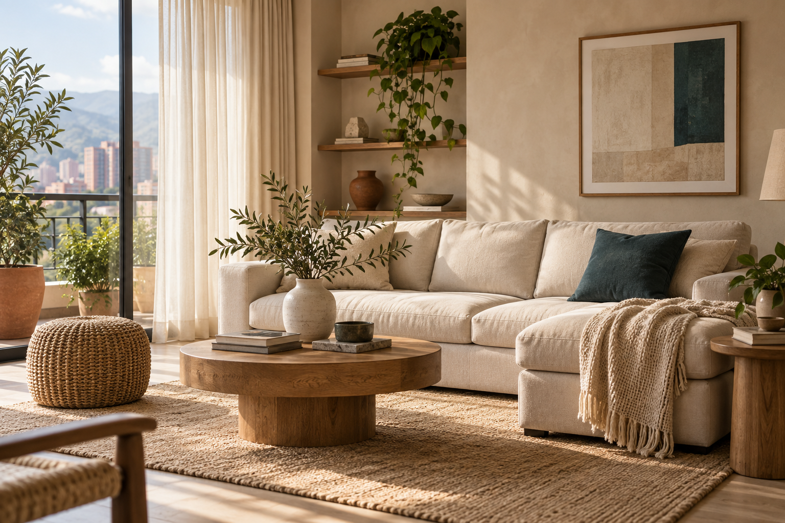 Una sala cálida y luminosa con materiales naturales y detalles para disfrutar el hogar